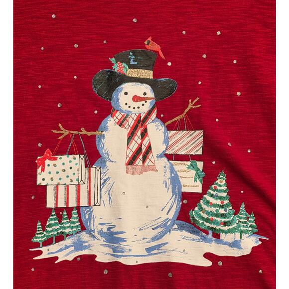 Catherines Christmas Snowman Shirt Womens 1X Red 3/4 Sleeves Presents Red Bird - Picture 2 of 8